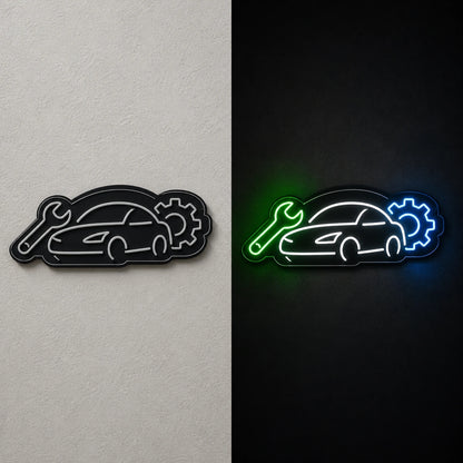 Car Wrench Gear Vintage LED Neon Sign day and night comparison