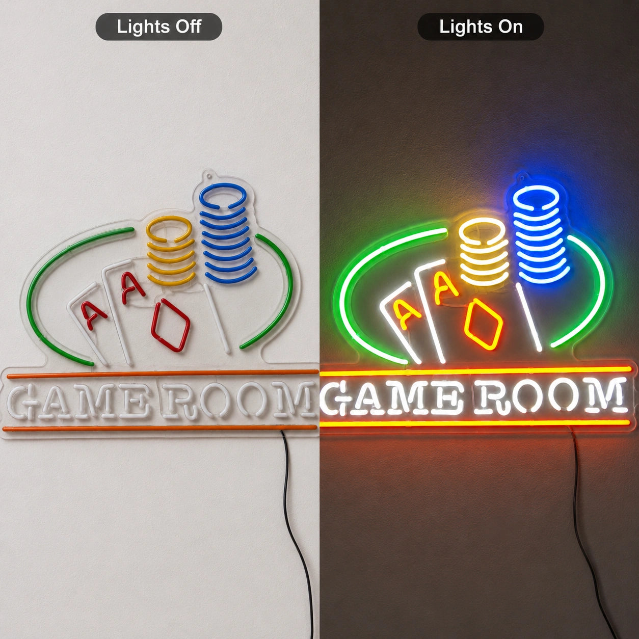 Cards And Chips Game Room Neon Sign LED Neon Sign day and night comparison