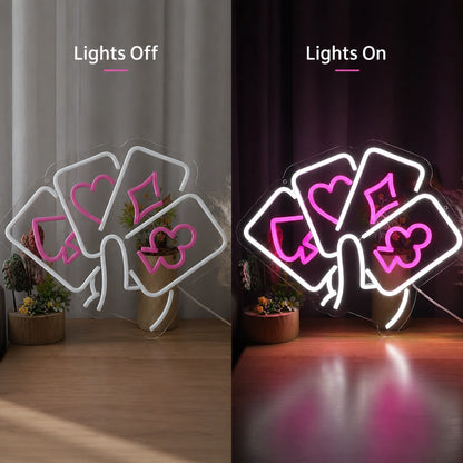 Cards And Ribbon Neon Sign LED Neon Sign day and night comparison