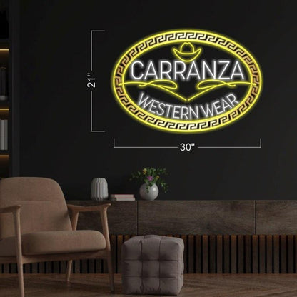 Carranza Western Wear Yellow-White Led Neon Sign With Greek Key Border For Home Decor | Shineneon
