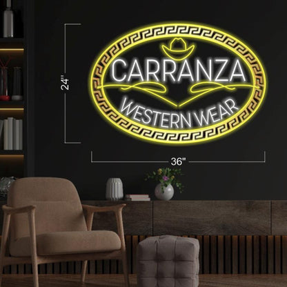 Carranza Western Wear Yellow-White Led Neon Sign With Greek Key Border For Home Decor | Shineneon