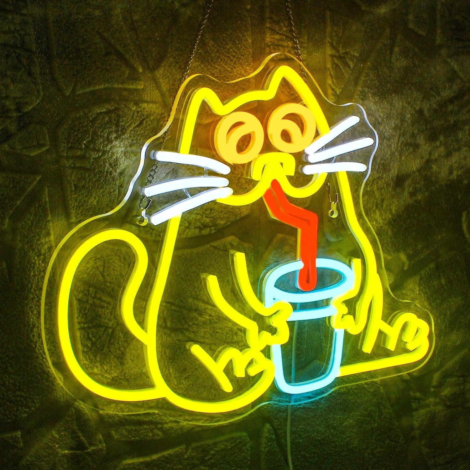 Cartoon Cat Drinking Beverage Led Neon Sign Home Cafe Pet Shop Decor | Shineneon