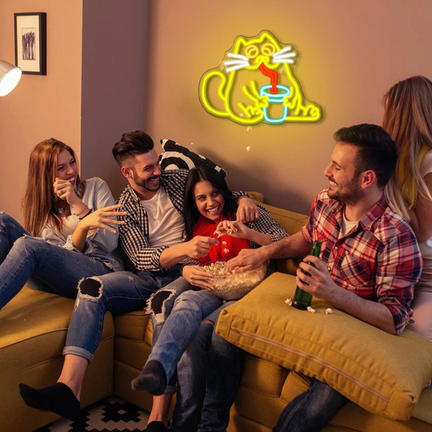 Cartoon Cat Drinking Beverage Led Neon Sign Home Cafe Pet Shop Decor | Shineneon
