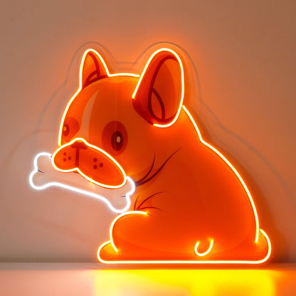 Cartoon Dog Gnawing Bone Orange-White Uv Printed Led Neon Sign For Pet Shop Home Decor | Shineneon