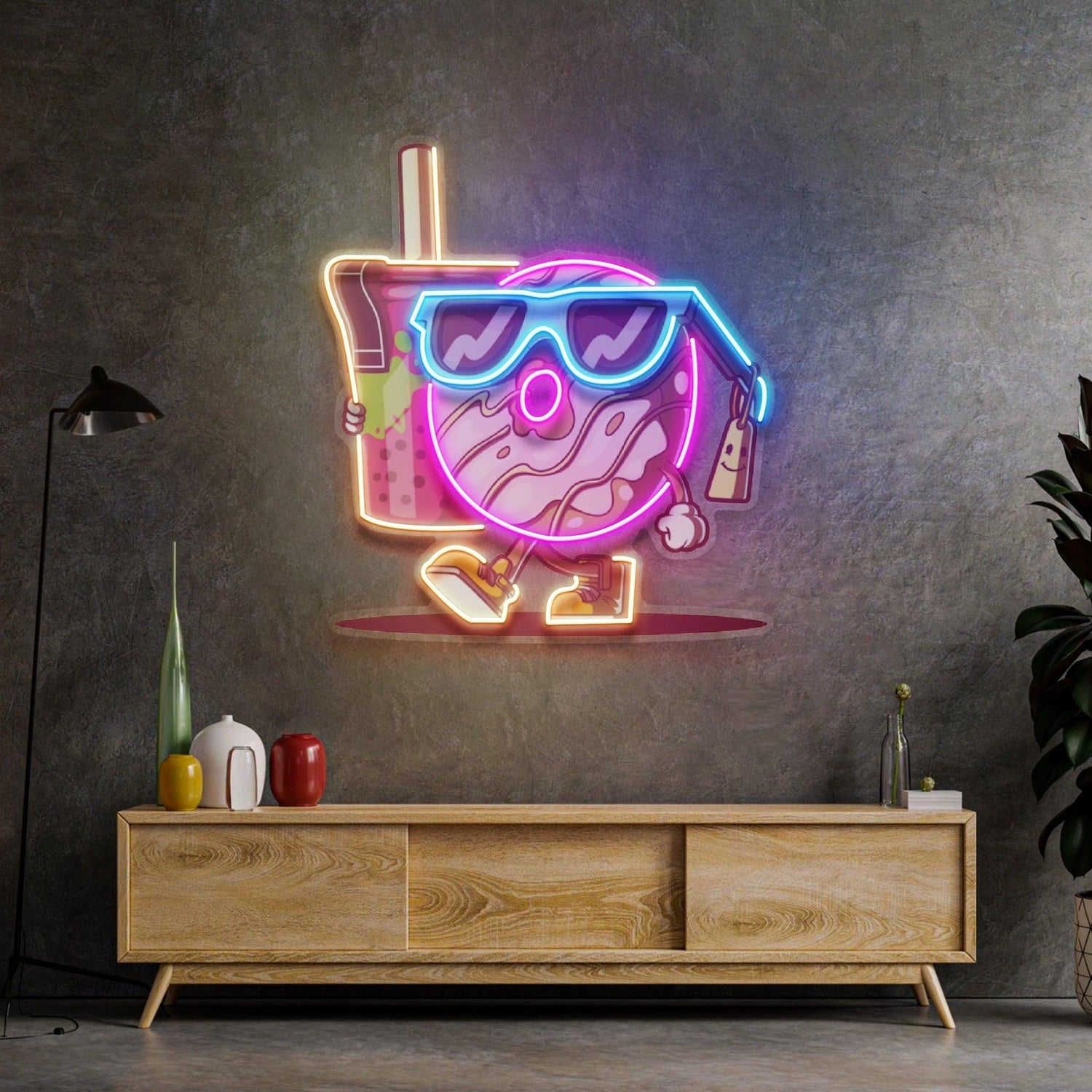 Cartoon Donut Holding Tea Cup Uv Printed Led Neon Sign For Home Cafe Decor | Shineneon