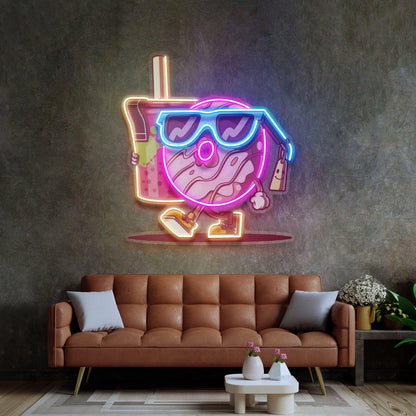 Cartoon Donut Holding Tea Cup Uv Printed Led Neon Sign For Home Cafe Decor | Shineneon