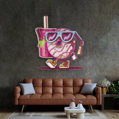 Cartoon Donut Holding Tea Cup Uv Printed Led Neon Sign For Home Cafe Decor | Shineneon