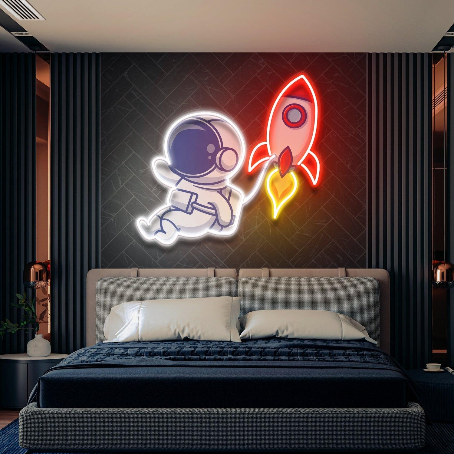 Cartoon Rocket Astronaut Colorful Uv Printed Led Neon Sign Artwork For Home Decor | Shineneon