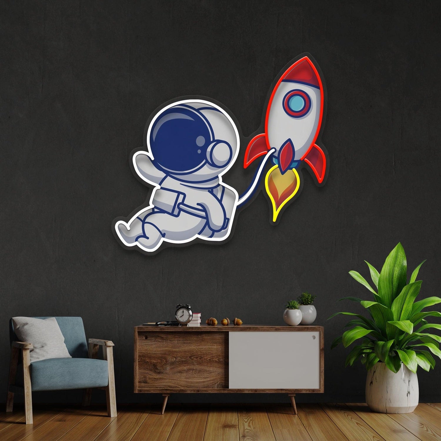 Cartoon Rocket Astronaut Colorful Uv Printed Led Neon Sign Artwork For Home Decor | Shineneon