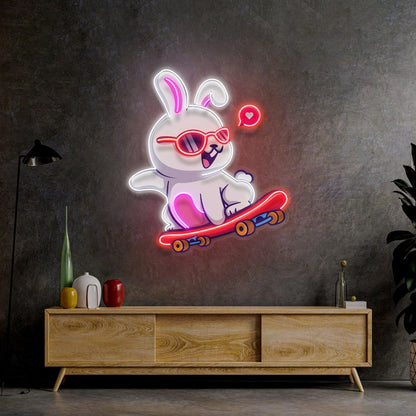 Cartoon Skateboarding Rabbit With Heart Uv Printed Led Neon Sign For Indoor Wall Decor | Shineneon