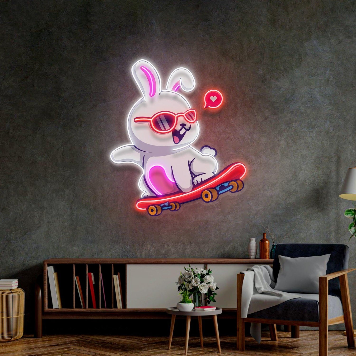 Cartoon Skateboarding Rabbit With Heart Uv Printed Led Neon Sign For Indoor Wall Decor | Shineneon