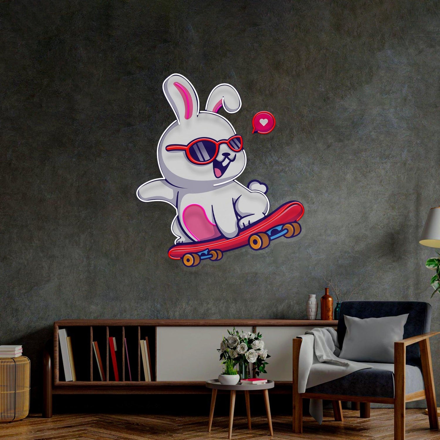 Cartoon Skateboarding Rabbit With Heart Uv Printed Led Neon Sign For Indoor Wall Decor | Shineneon