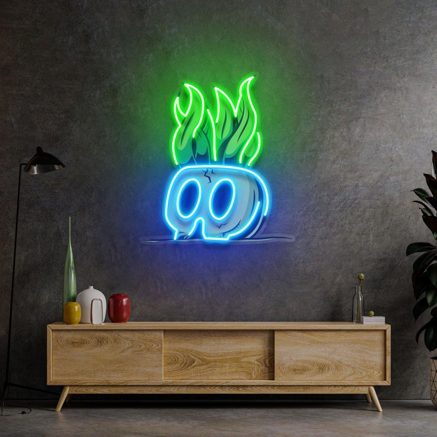 Cartoon Skull Flame Green Blue Uv Printed Led Neon Sign Indoor Wall Decor | Shineneon