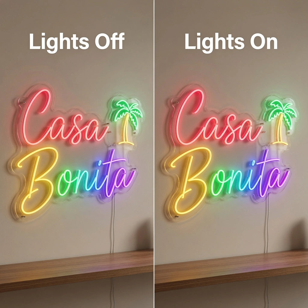 Casa Bonita Wall Decor LED Neon Sign - 06 Day Night Comparison