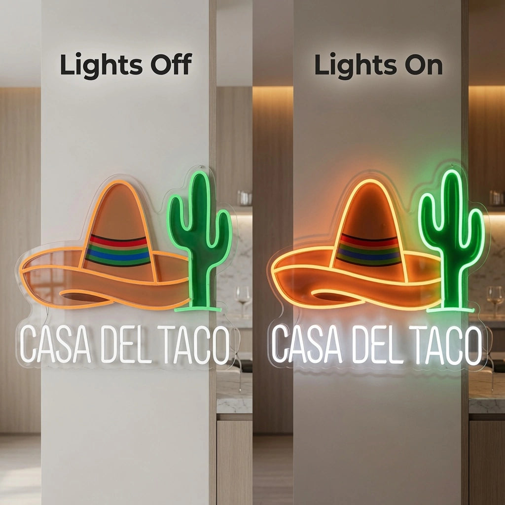 Casa Del Taco LED Neon Sign - 06 Day Night Comparison
