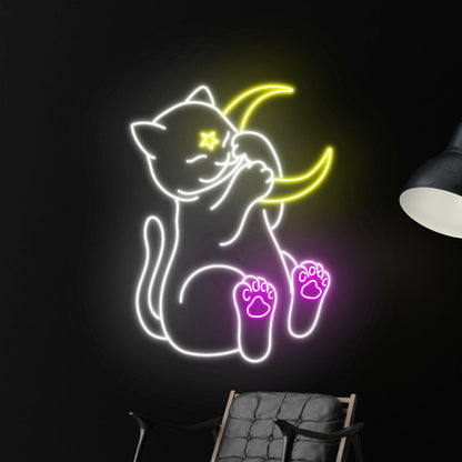 Cat And Moon Led Sign For Animal Lovers For Home Decor - Shineneon