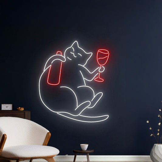 Cat Drinking Wine Neon Sign