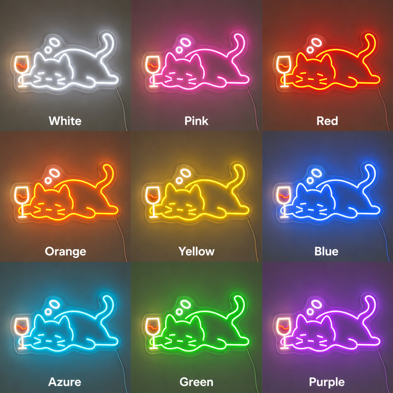 Cat Drinking Wine Neon Sign Drunk Cat LED Neon Sign Cute Wine color grid