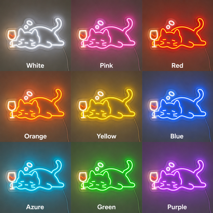 Cat Drinking Wine Neon Sign Drunk Cat LED Neon Sign Cute Wine color grid