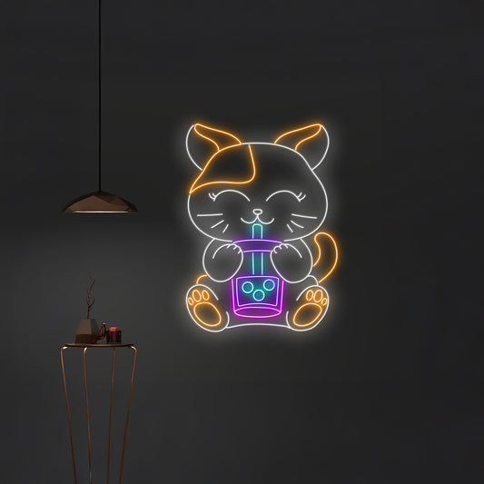 Cat Drinks Boba Tea Neon Sign