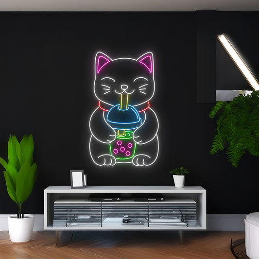 Cat Drinks Bubble Tea Neon Sign