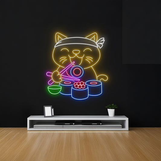 Cat Eating Sushi Neon Sign Restaurant Room Decor