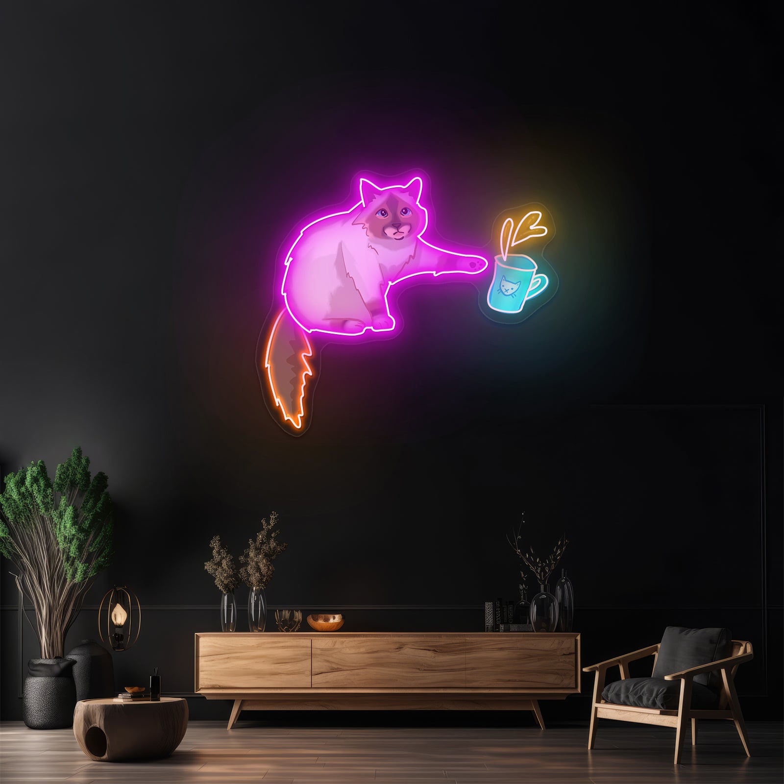 Cat Knocking Over Coffee Neon Signs