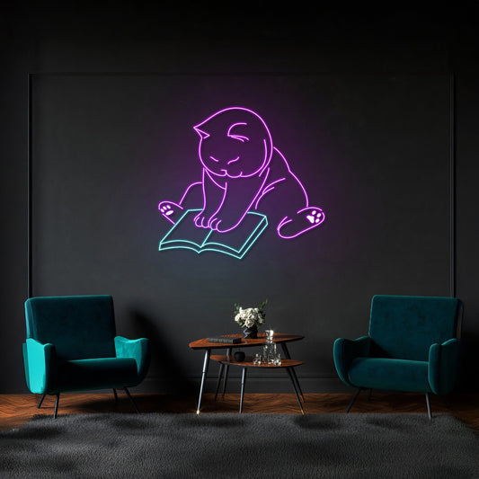 Cat Reading Book Led Sign