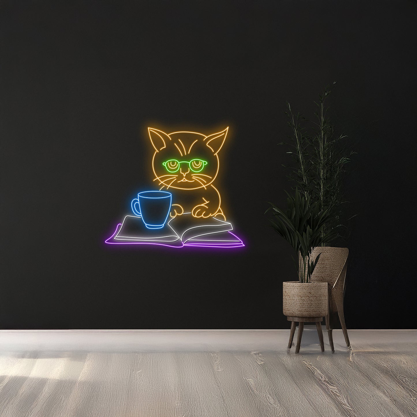 Cat Reading Book Neon Sign