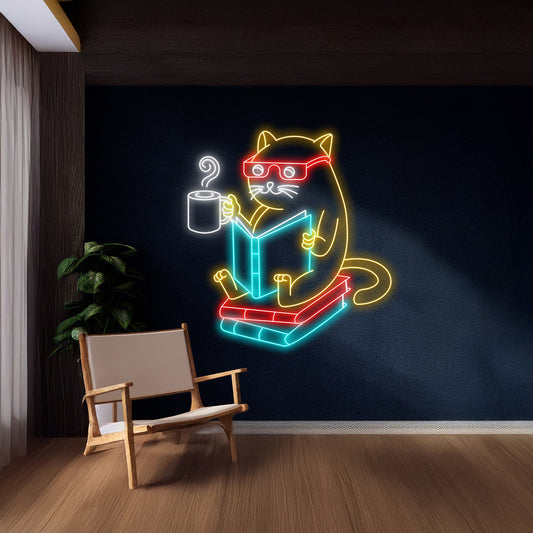 Cat Reading Book Neon Sign Reading Club Wall Neon Sign