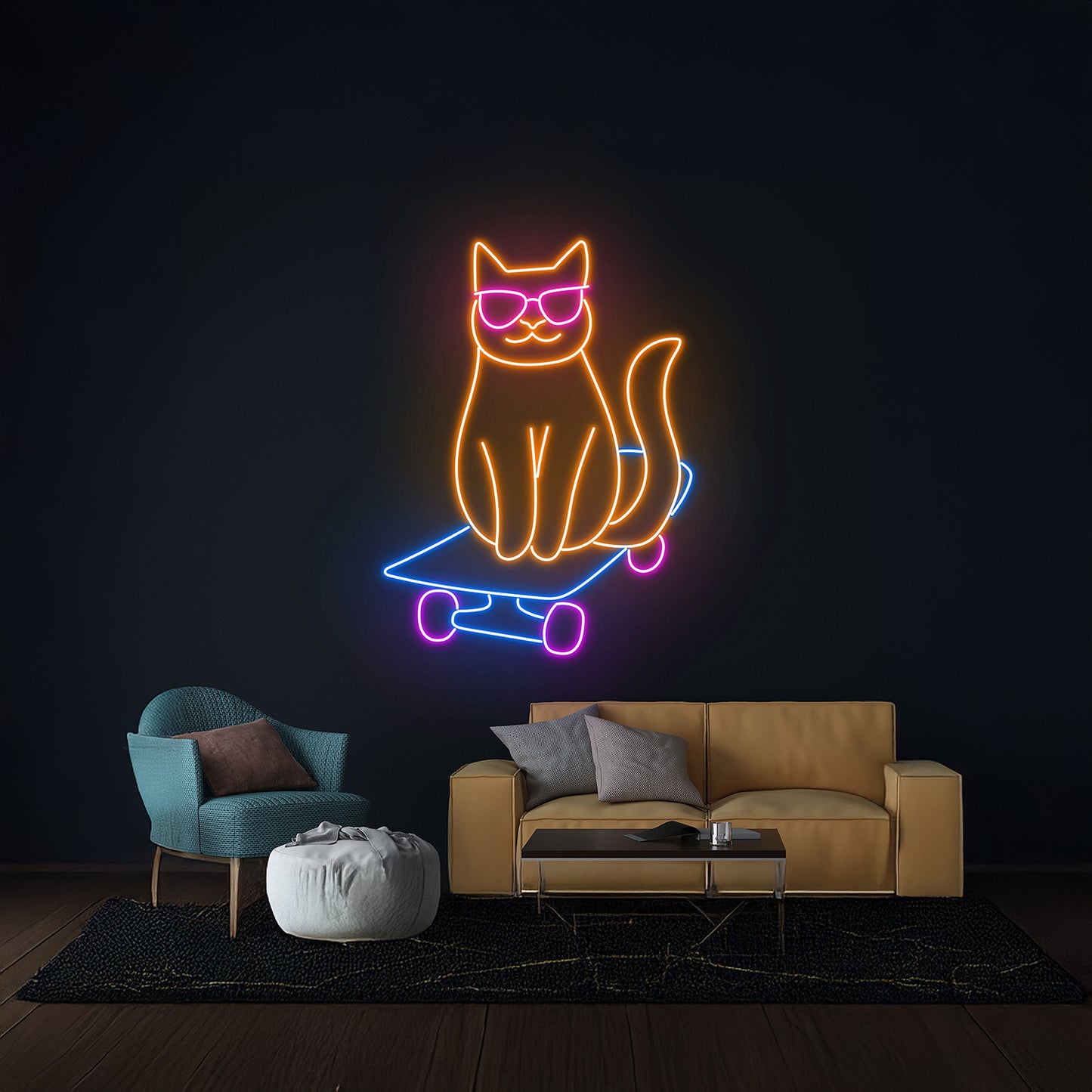 Cat Skateboarding Neon Sign