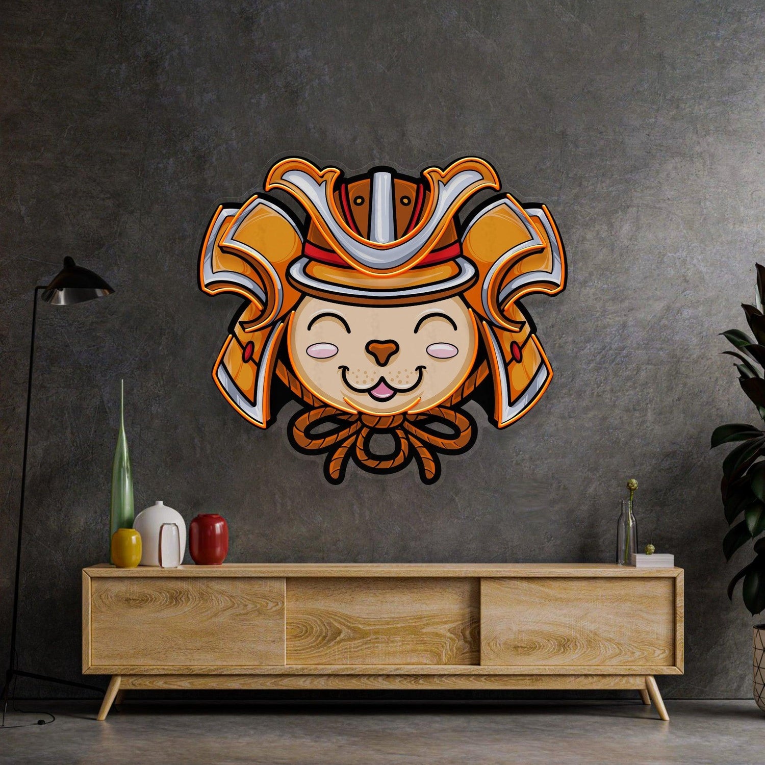 Cat Wearing Samurai Helmet Uv Printed Led Neon Sign Tropical Indoor Decor | Shineneon