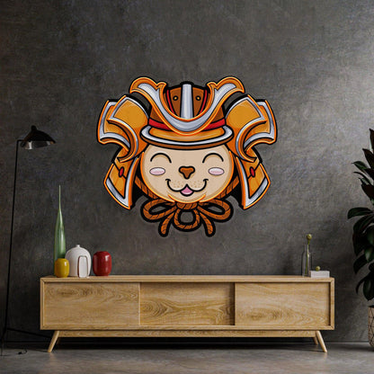 Cat Wearing Samurai Helmet Uv Printed Led Neon Sign Tropical Indoor Decor | Shineneon