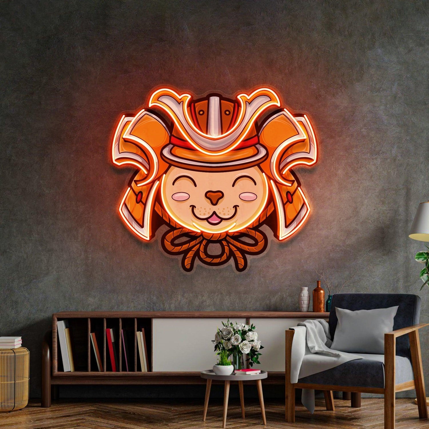 Cat Wearing Samurai Helmet Uv Printed Led Neon Sign Tropical Indoor Decor | Shineneon