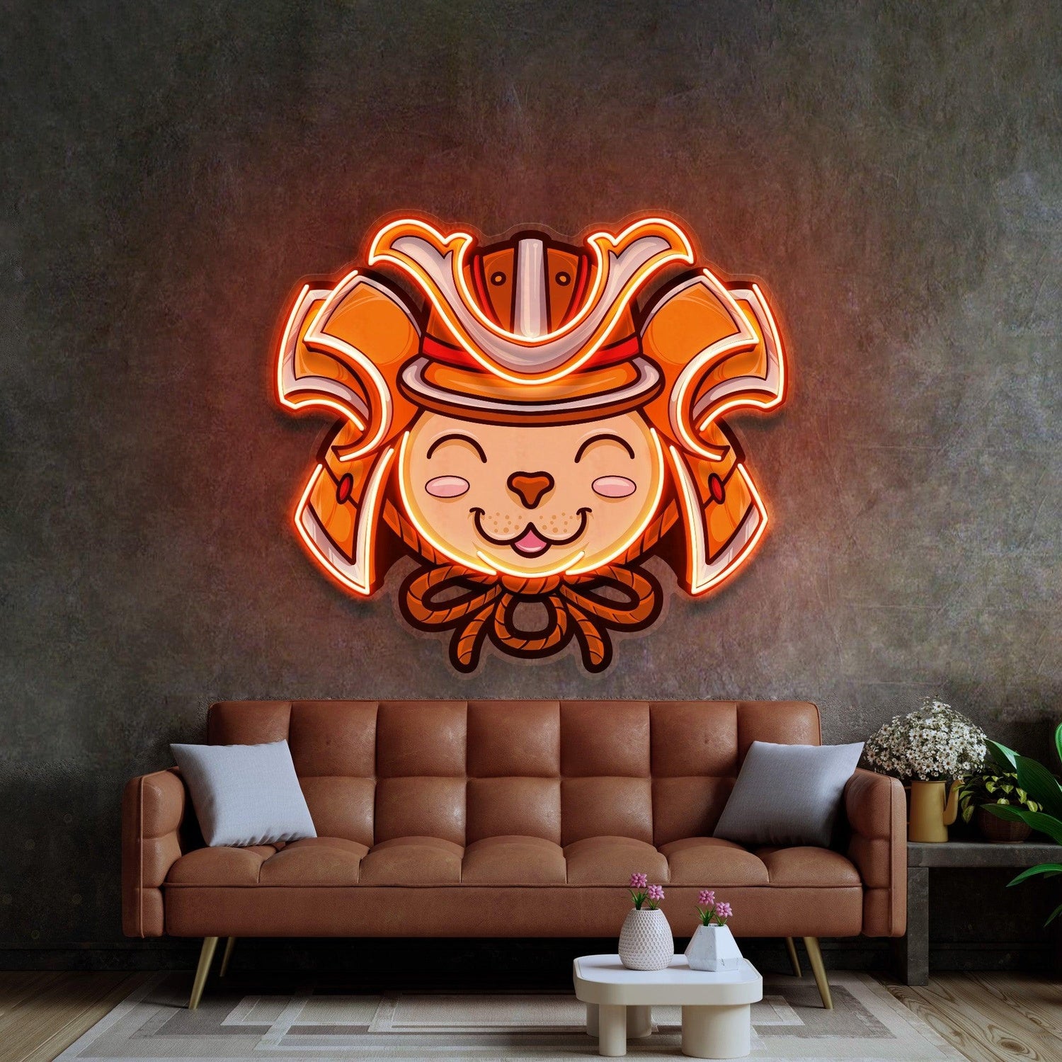 Cat Wearing Samurai Helmet Uv Printed Led Neon Sign Tropical Indoor Decor | Shineneon