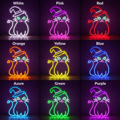 Cat Wearing Witch Hat LED Neon Sign day and night comparison