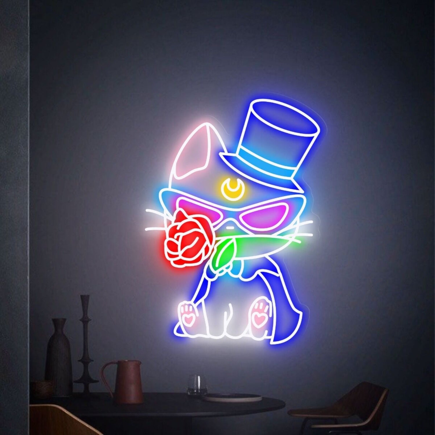 Cat With Rose Led Neon Sign Wall Art Decor | Shineneon