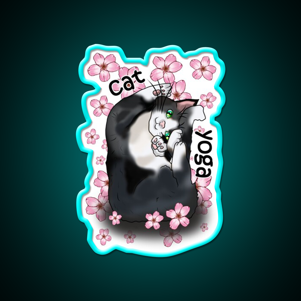Cat Yoga With Flowers Yoga Led Neon Sign For Wellness Space Rgb Color