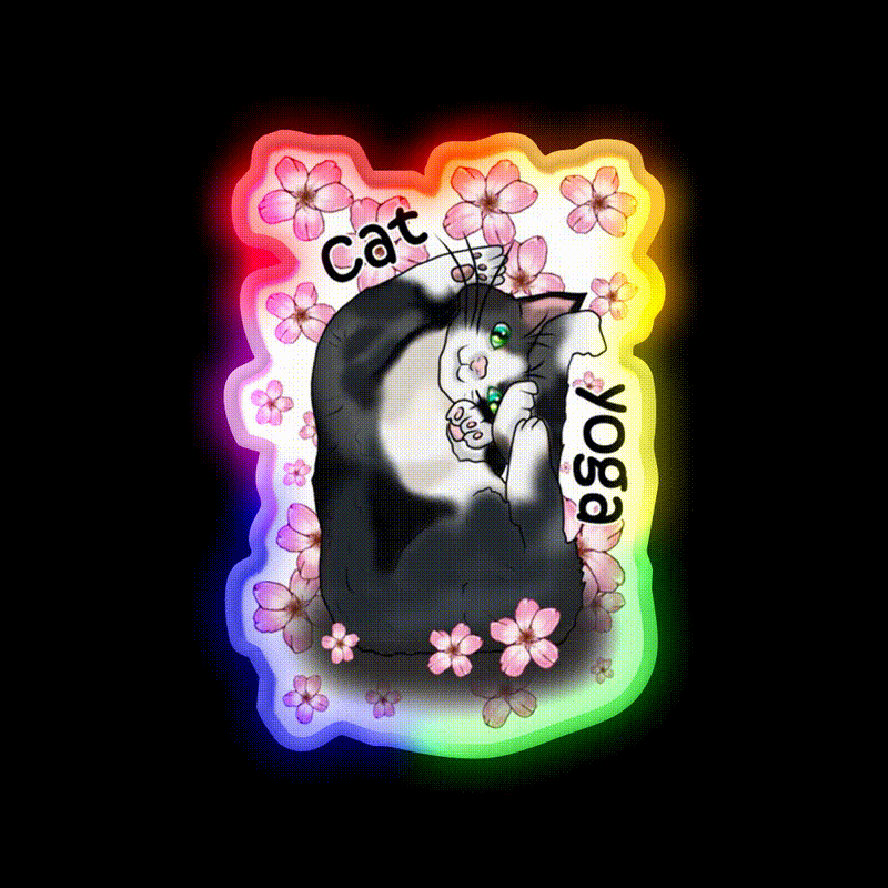 Cat Yoga With Flowers Yoga Led Neon Sign For Wellness Space Rgb Color