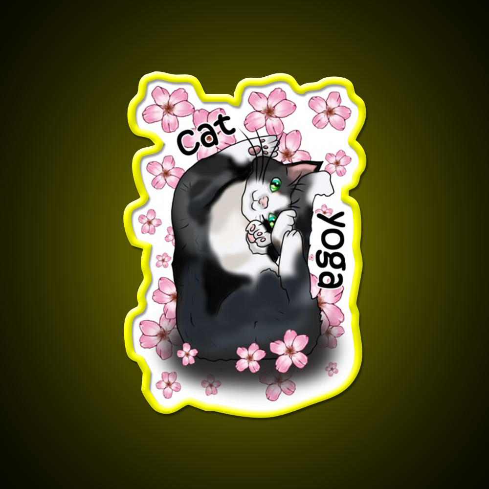 Cat Yoga With Flowers Yoga Led Neon Sign For Wellness Space Rgb Color