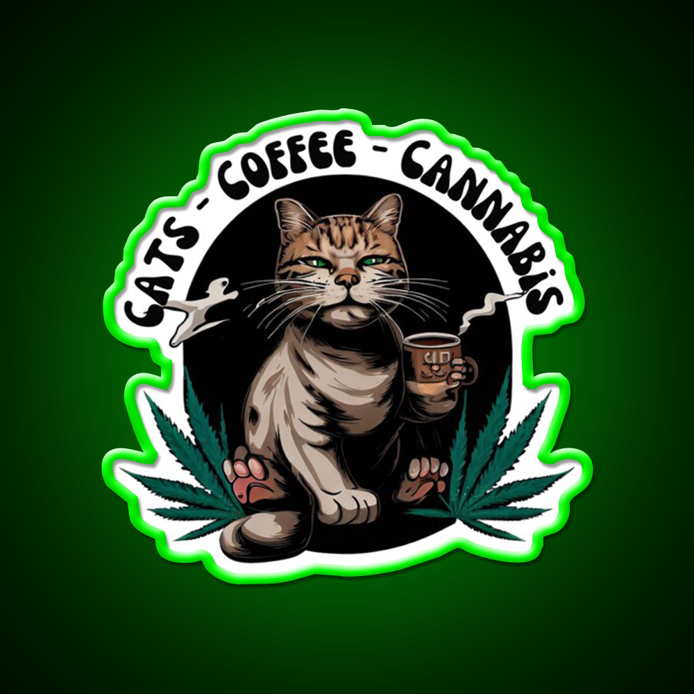 Cats Coffee Weed Weed Cat Stoner Hemp Inspired Green Leaf Led Neon Sign Rgb Color