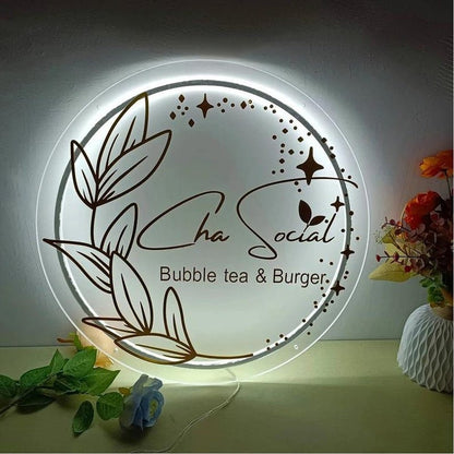 Cha Social Bubble Tea Burger Acrylic Business Logo Sign - Shineneon