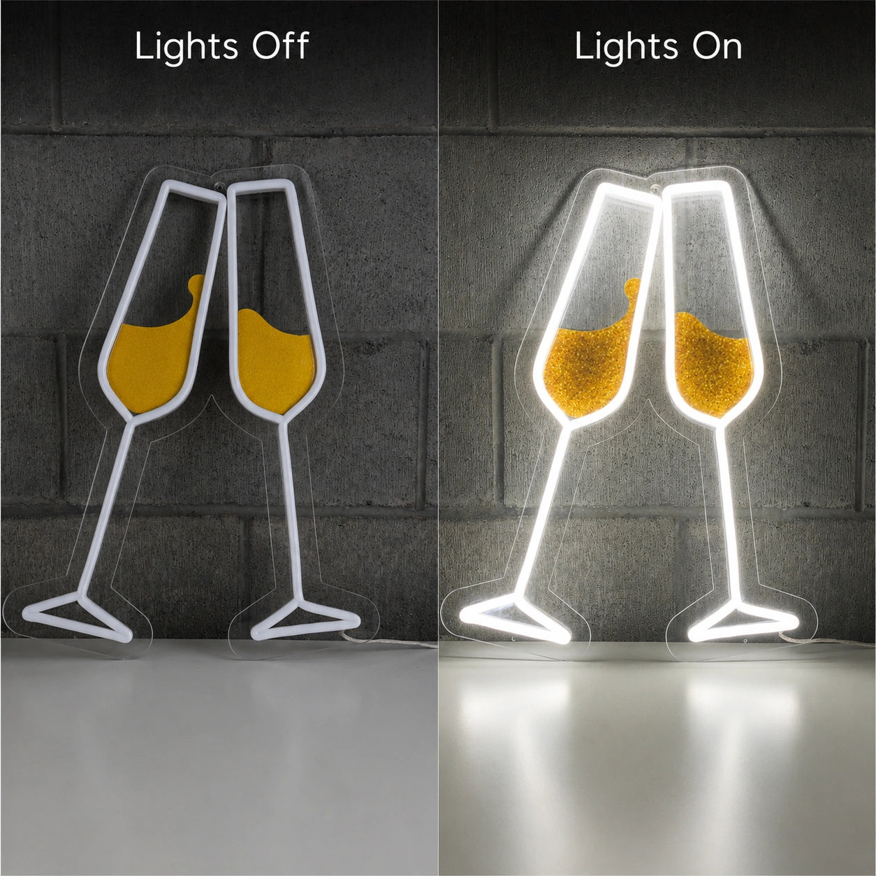 Champagne Glasses Neon Sign LED Neon Sign day and night comparison