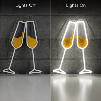 Champagne Glasses Neon Sign LED Neon Sign day and night comparison