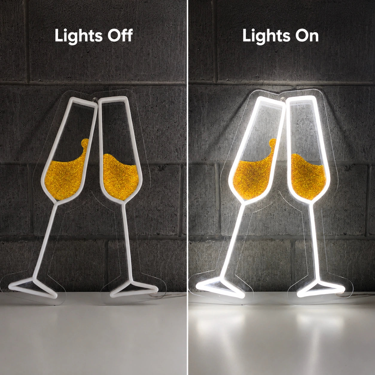 Champagne Glasses Neon Sign Wall Art LED Neon Sign day and night comparison