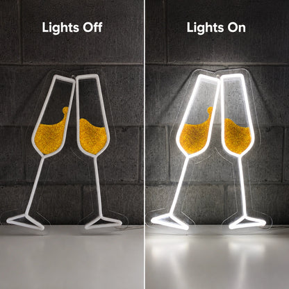 Champagne Glasses Neon Sign Wall Art LED Neon Sign day and night comparison