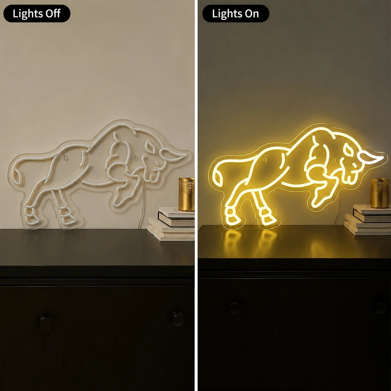 Charging Bull Neon Sign LED Neon Sign day and night comparison