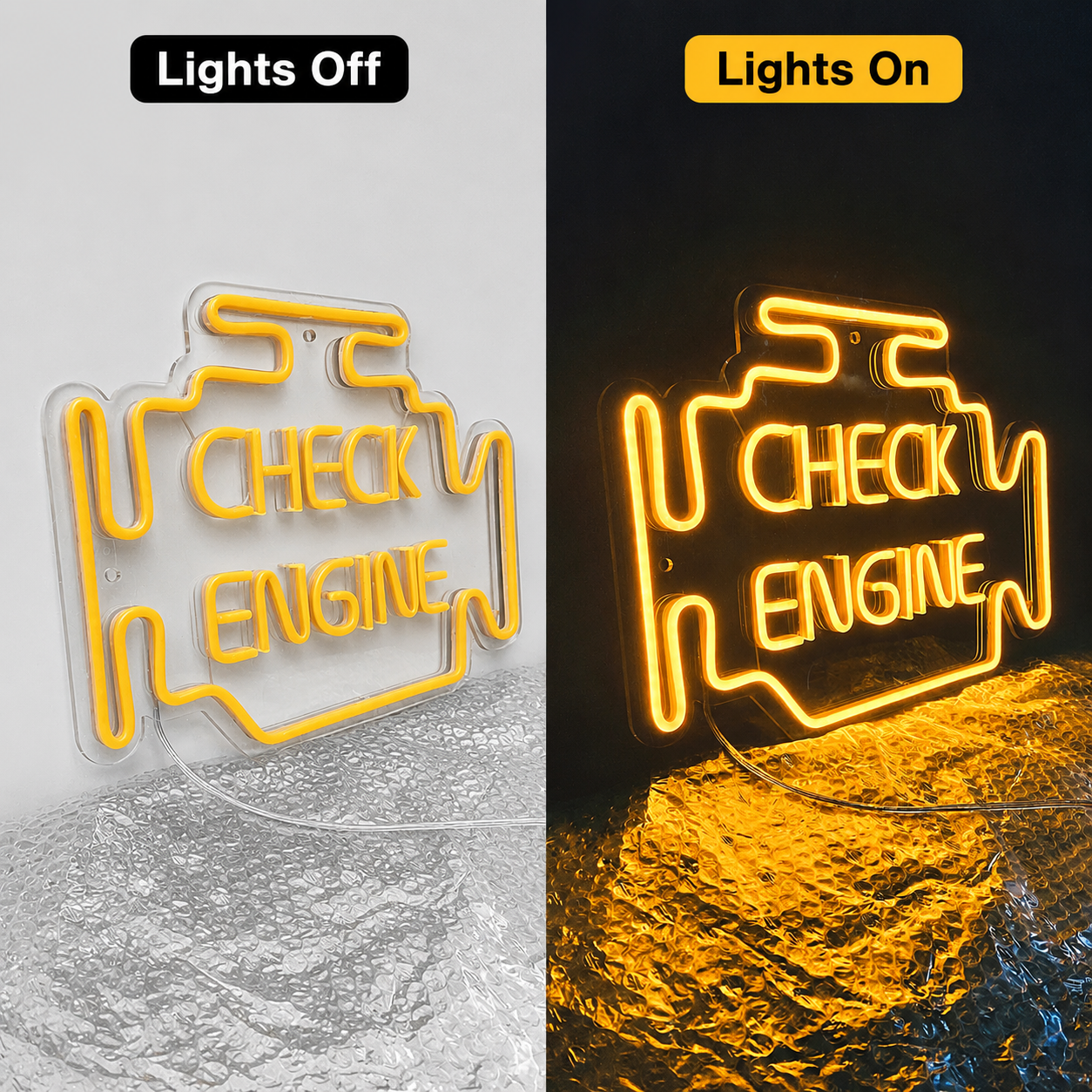 Check Engine LED Neon Sign - 06 Day Night Comparison