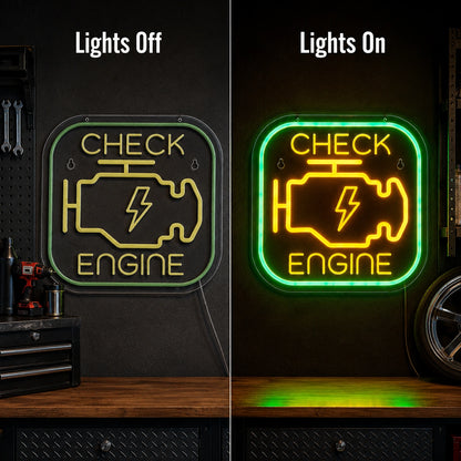 Check Engine Lightning LED Neon Sign day and night comparison