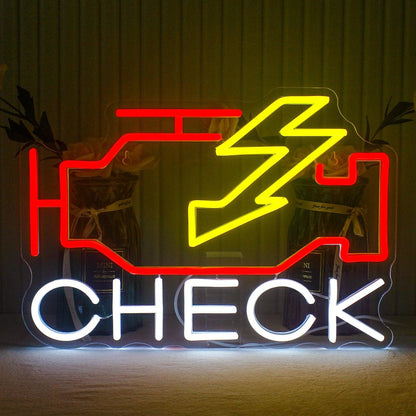 Check Engine Red-Yellow-White Led Neon Sign With Lightning Bolt For Home Decor | Shineneon